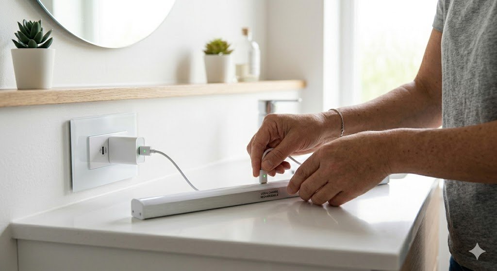 Charging rechargeable LED bathroom light before installation