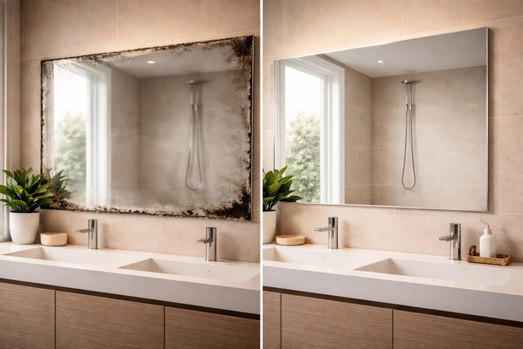 old damaged mirror with black edges compared to new clean mirror