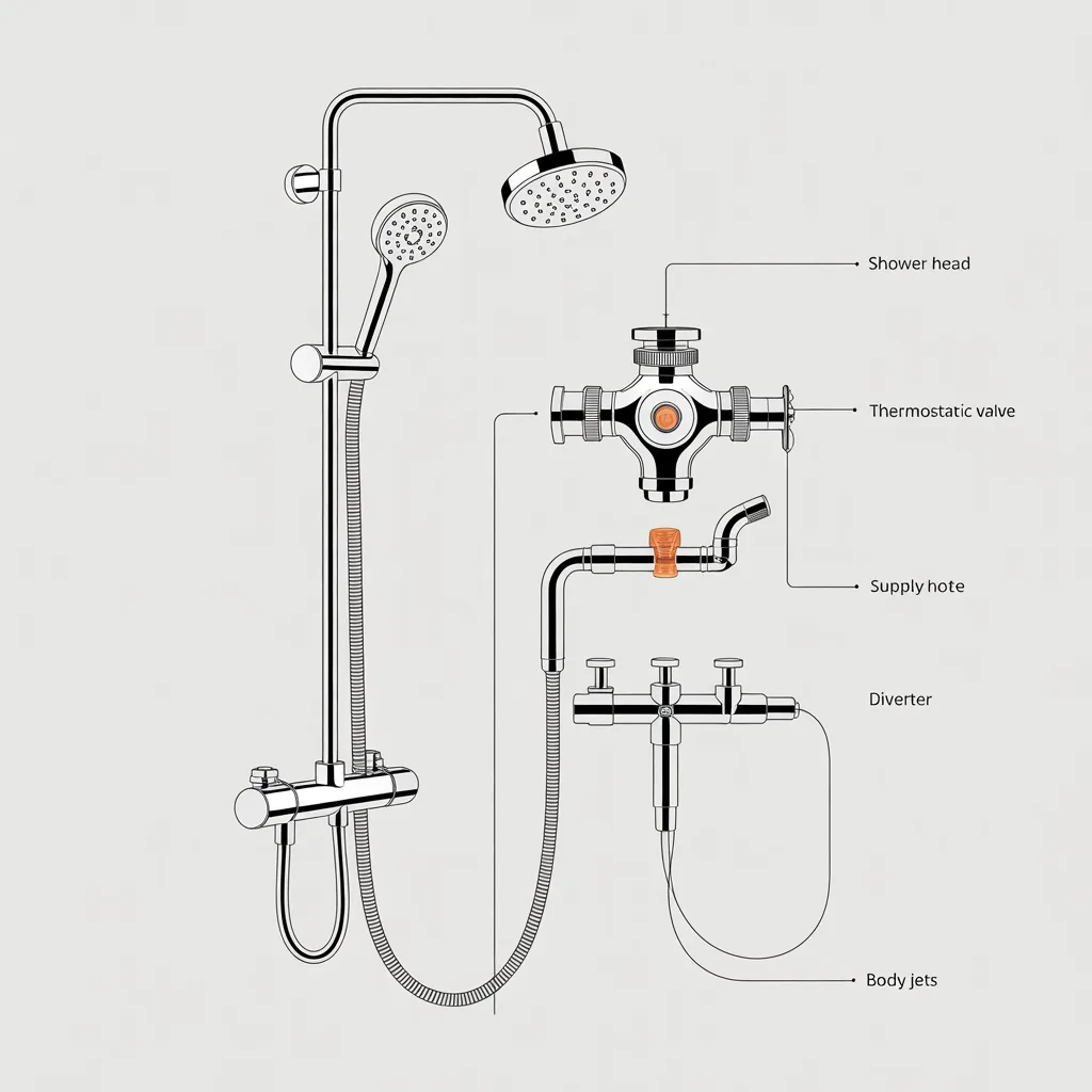 Diagram showing main components of a shower system including valve and shower head