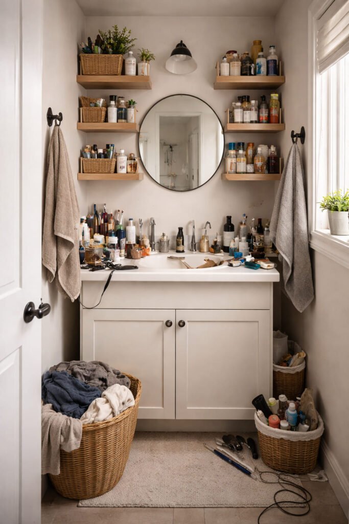 “Small bathroom with cluttered counter and poor storage setup”