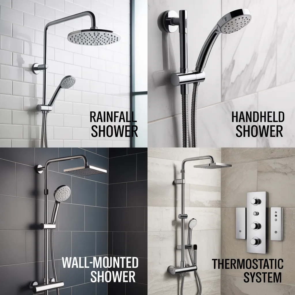 Different types of shower systems displayed in modern bathroom designs