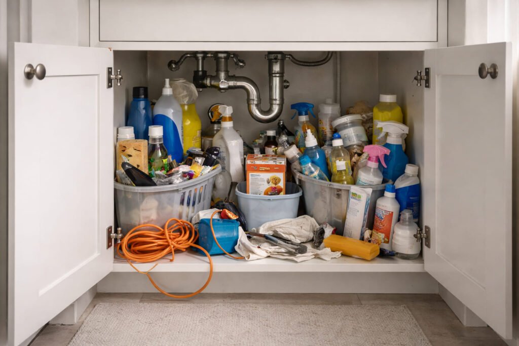 “Messy under sink storage showing common bathroom organization mistakes”