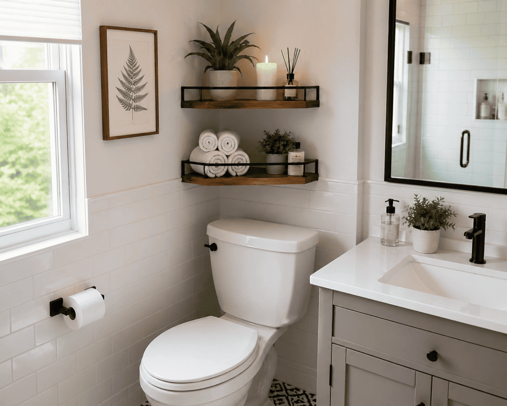 Modern bathroom with wall-mounted corner shelf above toilet, showcasing space-saving vertical storage with towels and decor in a clean minimalist design