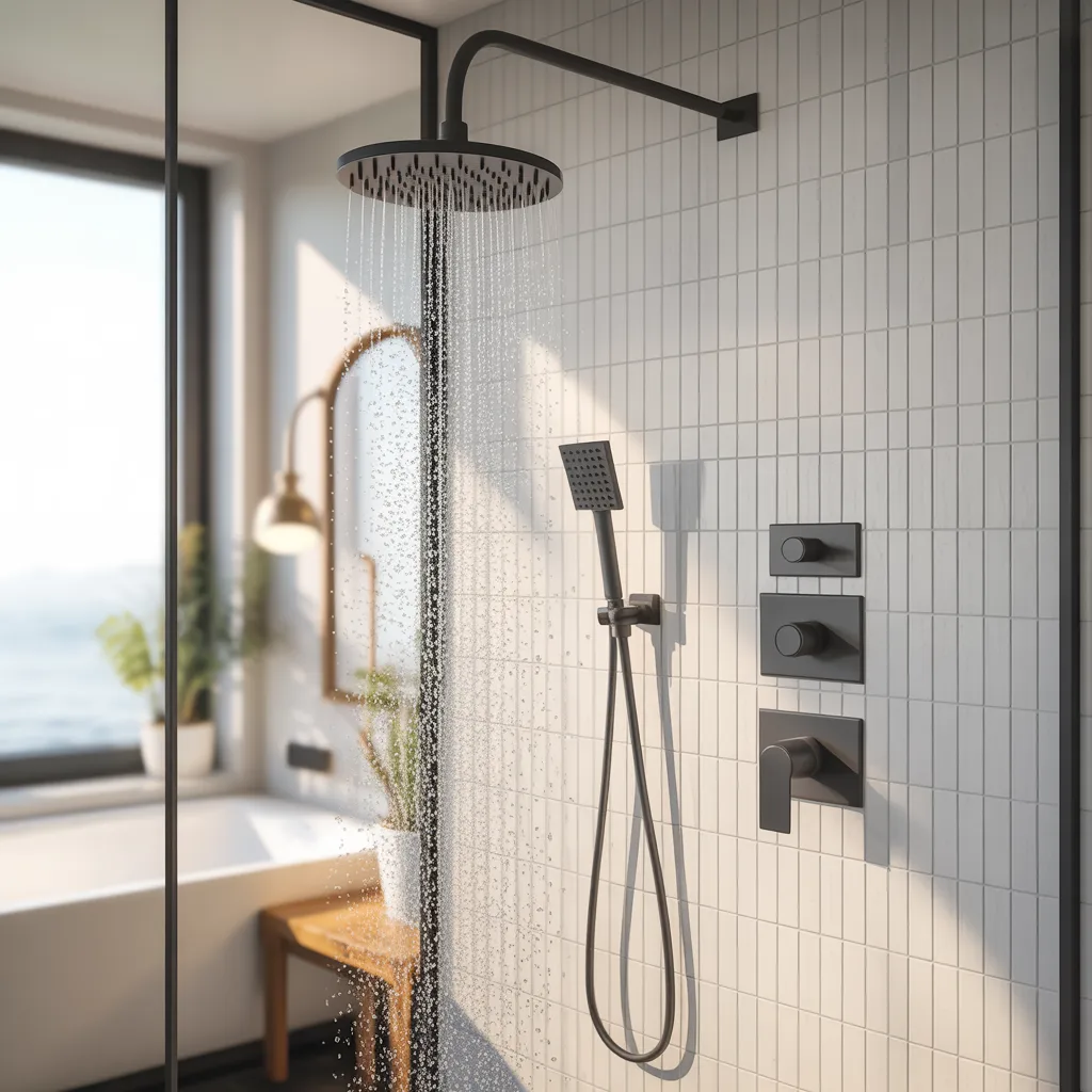 Modern bathroom showing a complete shower system with rainfall and handheld shower