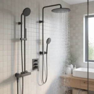 Modern bathroom showing a complete shower system with rainfall and handheld shower