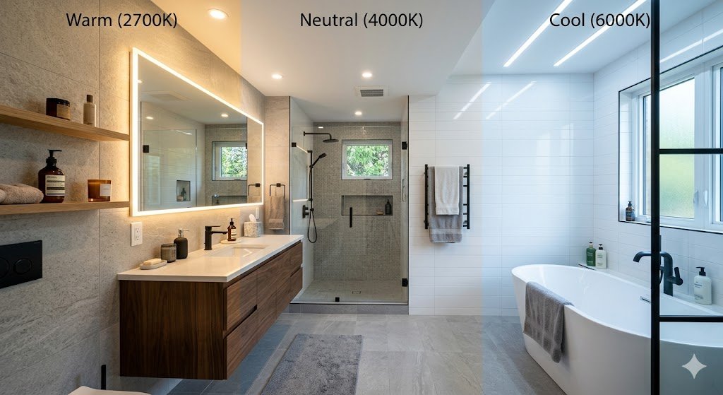 Bathroom showing different light colours demonstrating why lighting matters in bathroom design