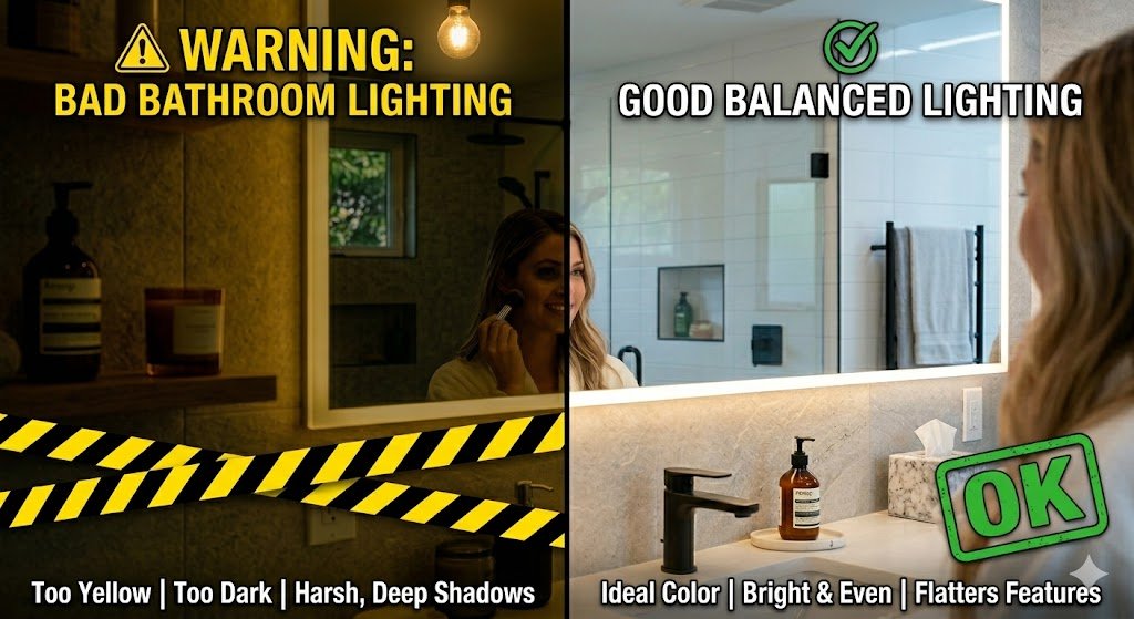 Comparison of bad and good bathroom lighting showing common lighting mistakes to avoid