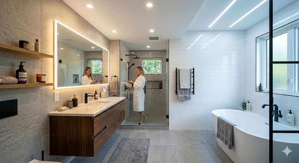 Modern bathroom with neutral white light showing best lighting colour for bathroom