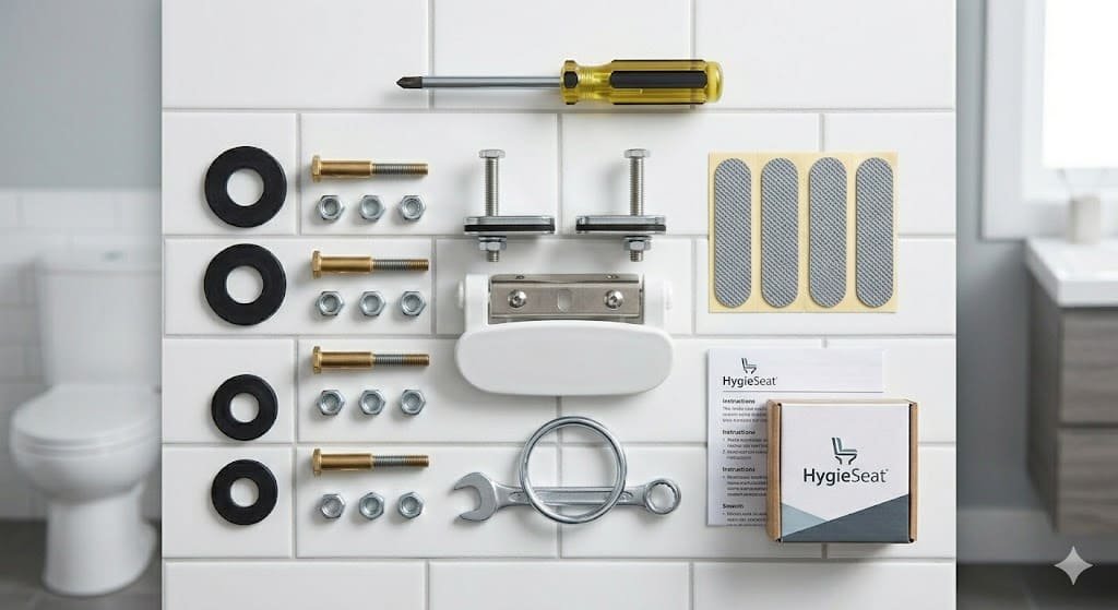 DIY tools and repair kit used to fix a sliding toilet seat problem