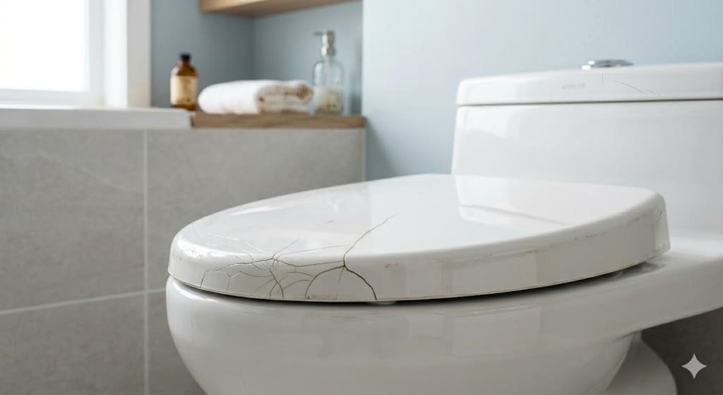 Cracked toilet seat near hinges showing damage caused by pressure and wear