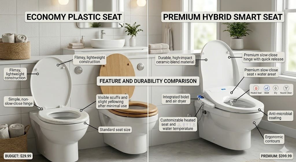 Comparison of cheap and expensive toilet seats showing differences in design, material quality, durability, and features in a side-by-side bathroom setup.