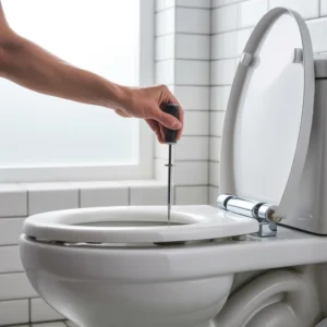 Hand tightening a loose toilet seat with a screwdriver in a clean bathroom showing common toilet seat problems and their solution
