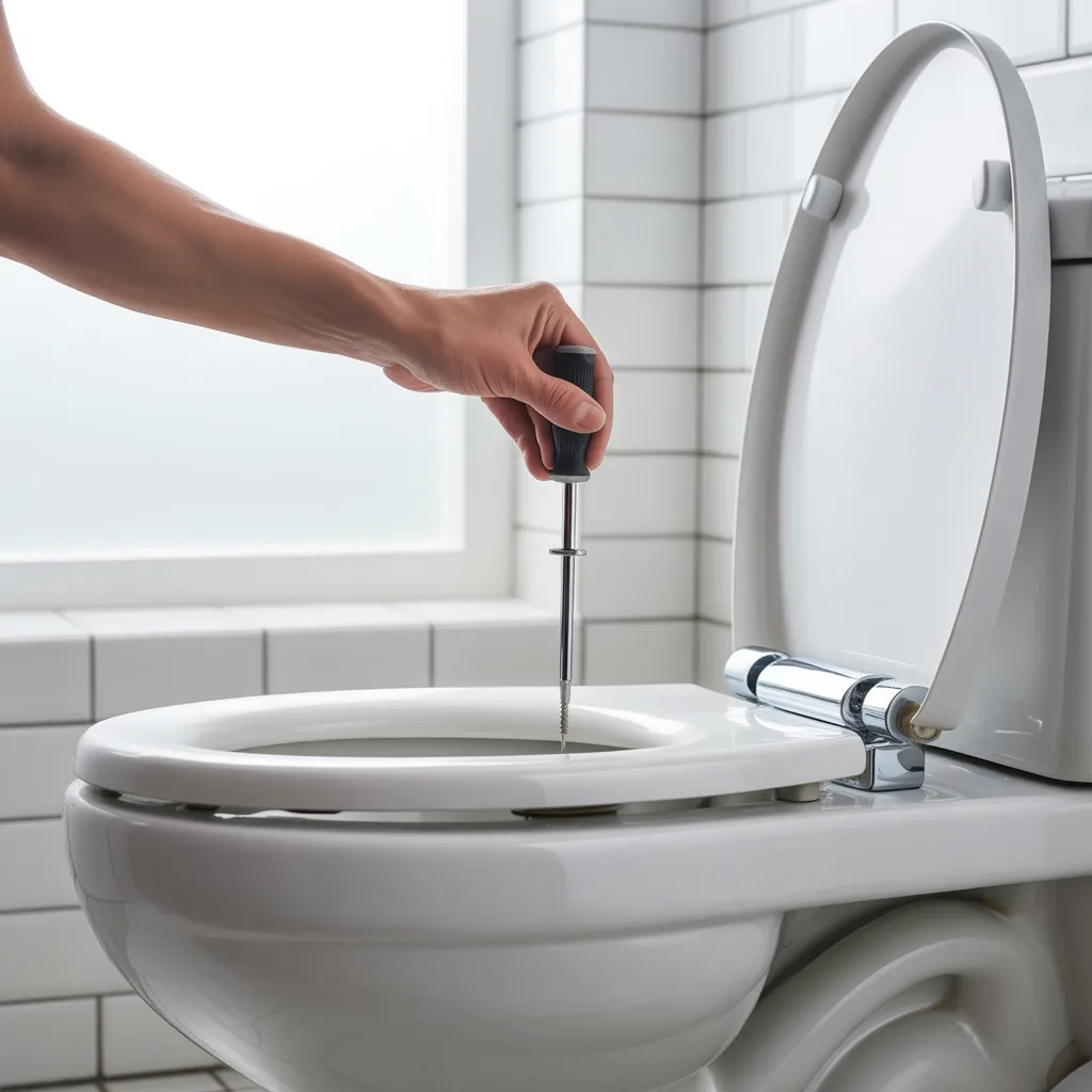 Hand tightening a loose toilet seat with a screwdriver in a clean bathroom showing common toilet seat problems and their solution