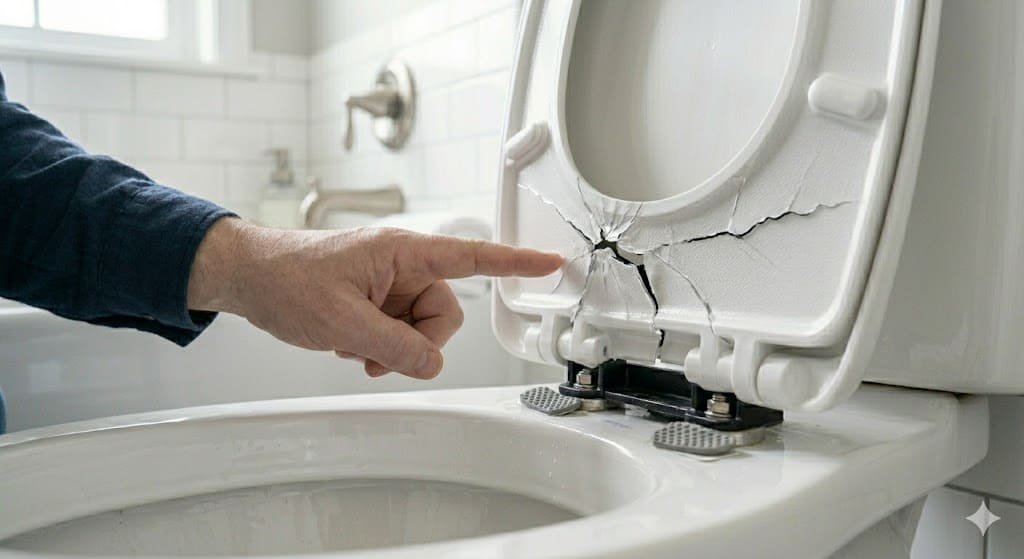 Broken and cracked toilet seat showing visible damage