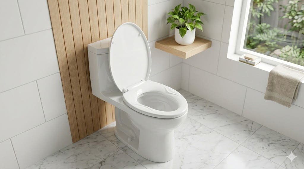 Elongated toilet seat installed on a modern oval-shaped toilet bowl