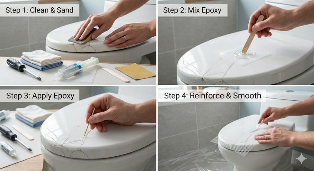 Hands applying epoxy to cracked toilet seat during DIY repair process