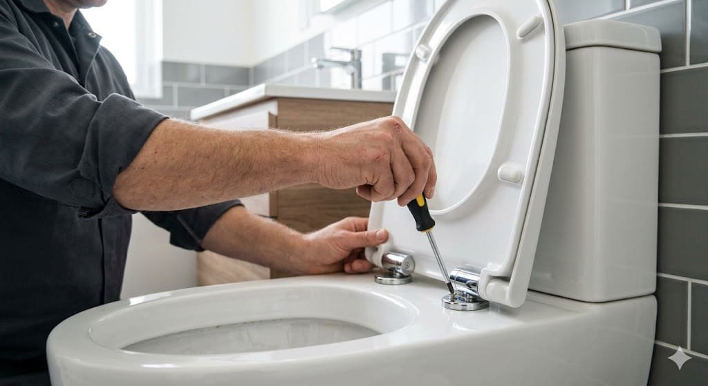 Person tightening loose soft close toilet seat hinges with a screwdriver