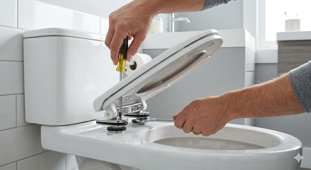 Step-by-step tightening of toilet seat bolts to stop sliding movement