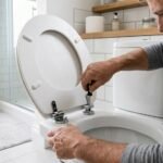 Person repairing a squeaky toilet seat by tightening the hinges in a bathroom