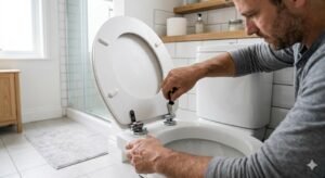 Person repairing a squeaky toilet seat by tightening the hinges in a bathroom