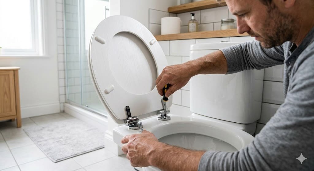Person repairing a squeaky toilet seat by tightening the hinges in a bathroom