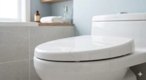 Cracked toilet seat showing visible damage in a clean bathroom setting for repair guide