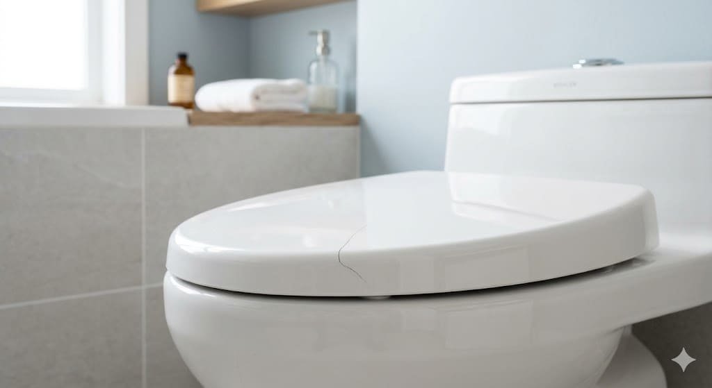 Cracked toilet seat showing visible damage in a clean bathroom setting for repair guide