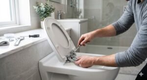 Person fixing a soft close toilet seat hinge with tools in a modern bathroom