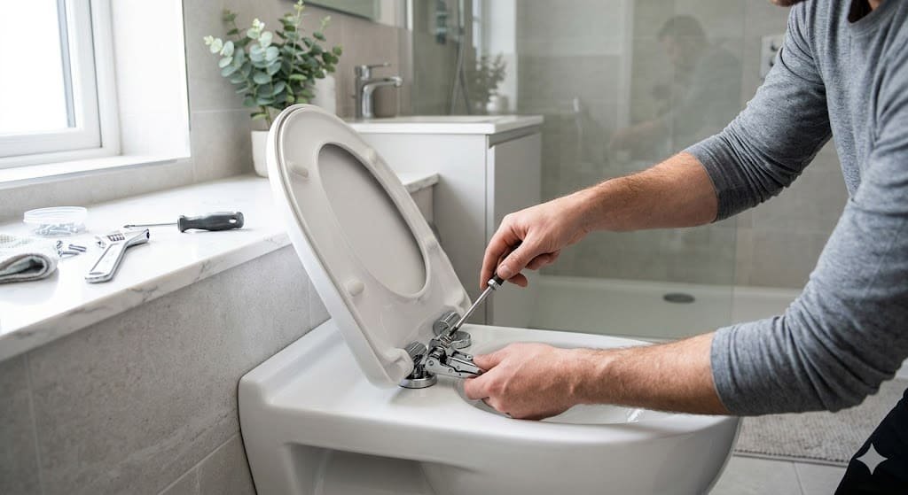 Person fixing a soft close toilet seat hinge with tools in a modern bathroom