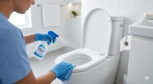 Person cleaning and disinfecting a toilet seat to remove bad smell and maintain bathroom hygiene