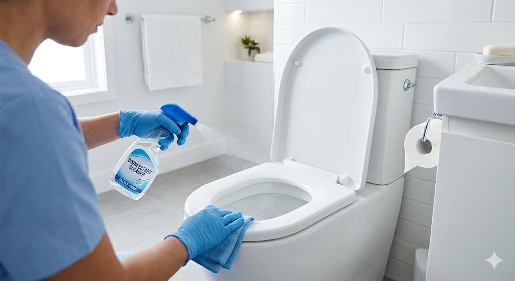 Person cleaning and disinfecting a toilet seat to remove bad smell and maintain bathroom hygiene