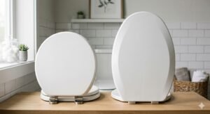 How to select the right toilet seat showing different toilet seat shapes and styles in a modern bathroom