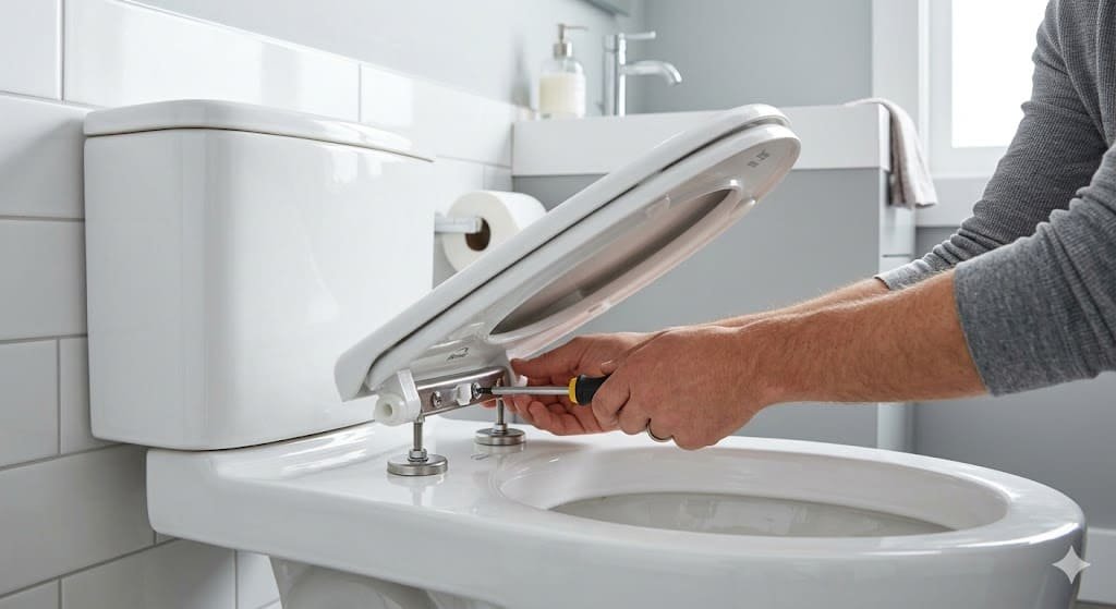 Close-up of a toilet seat being tightened with a screwdriver to stop it from sliding
