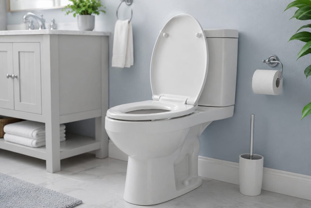 Clean toilet seat in modern bathroom showing proper usage and hygiene for beginners learning how to use a toilet seat correctly