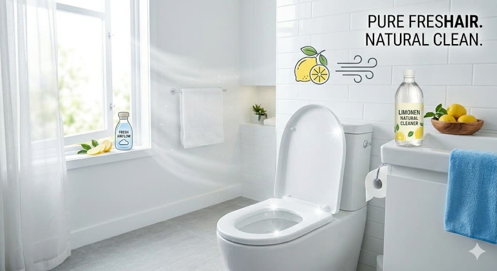 Clean and fresh bathroom showing a well-maintained toilet seat with fresh air and hygiene concept