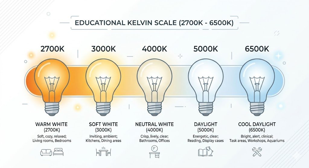 Colour temperature Kelvin scale explaining warm neutral and cool bathroom lighting