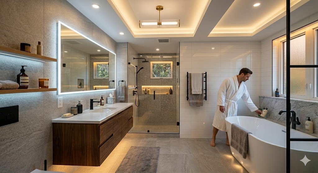 Modern bathroom showing layered lighting combination of ceiling mirror and ambient lights