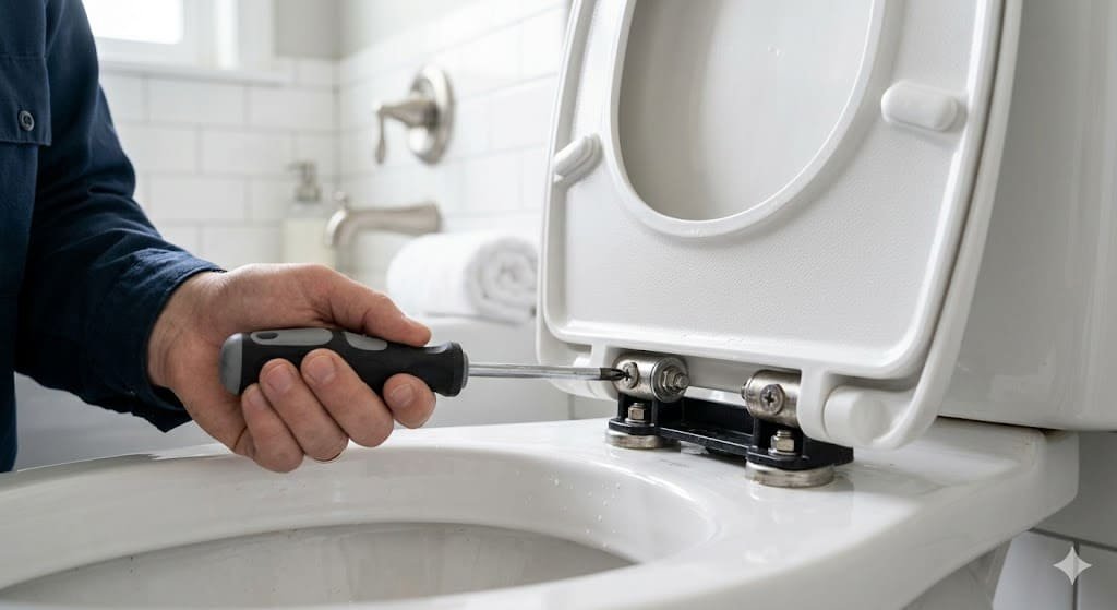 Tightening loose toilet seat bolts with screwdriver in a clean bathroom