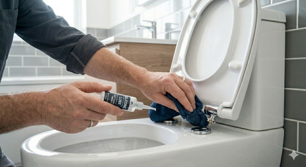 Cleaning and lubricating soft close toilet seat hinges for maintenance.
