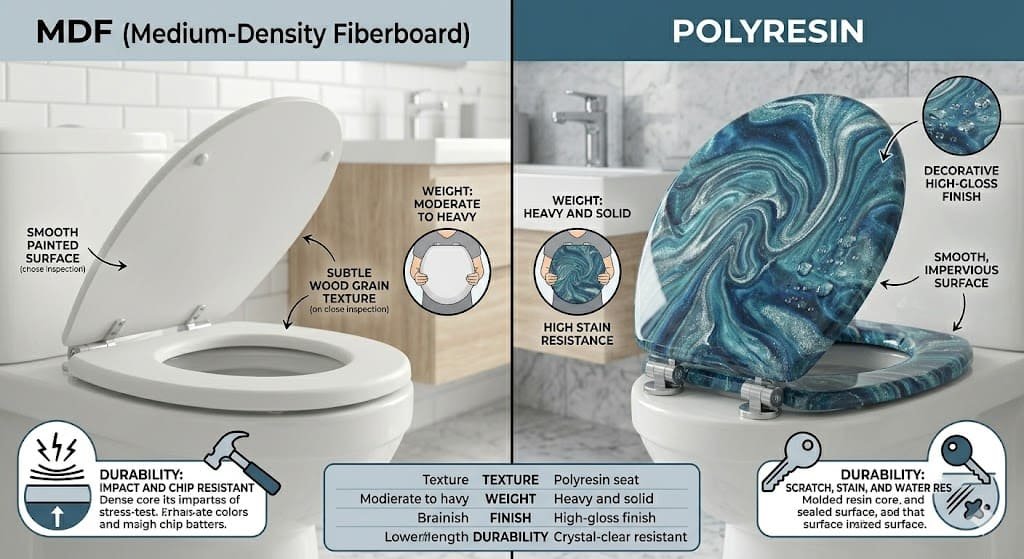 MDF vs Polyresin toilet seats side by side comparison