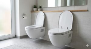 Plastic vs MDF toilet seat comparison in a modern bathroom