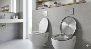 Plastic vs stainless steel toilet seat comparison in a modern bathroom