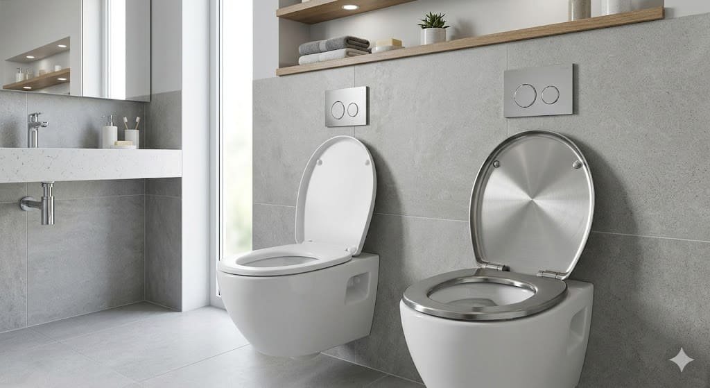 Plastic vs stainless steel toilet seat comparison in a modern bathroom
