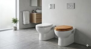 Plastic vs wooden toilet seat comparison showing differences in material, design, and bathroom style