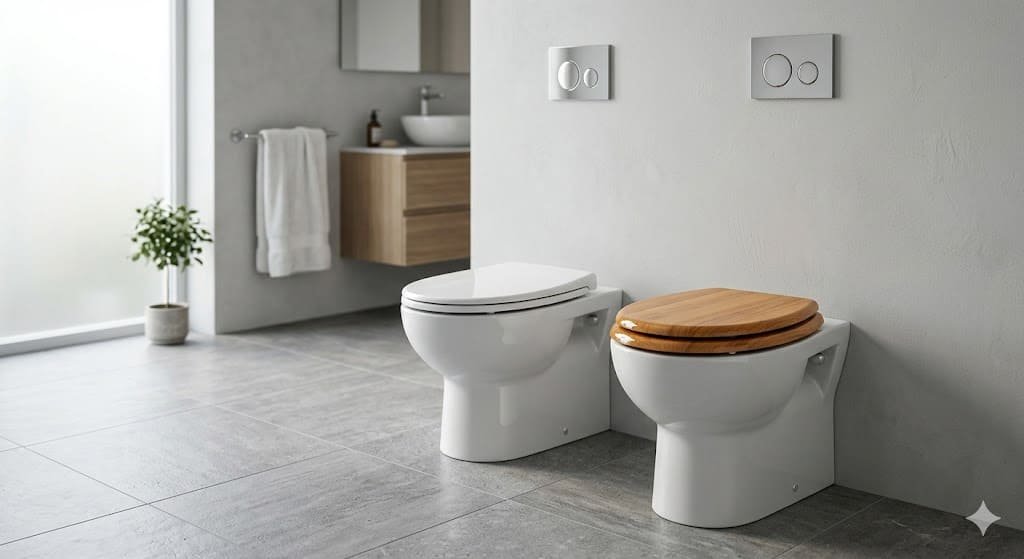 Plastic vs wooden toilet seat comparison showing differences in material, design, and bathroom style