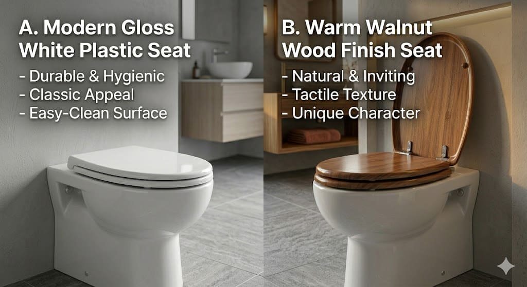 Side-by-side comparison of plastic and wooden toilet seats showing key differences in design and material