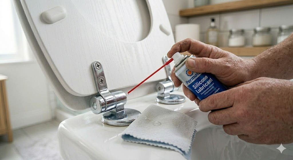 Applying lubricant to toilet seat hinges to prevent squeaking
