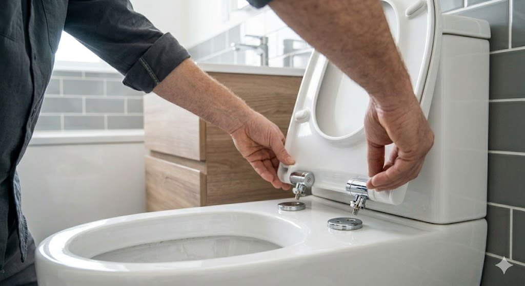 Hands removing a soft close toilet seat from a toilet bowl