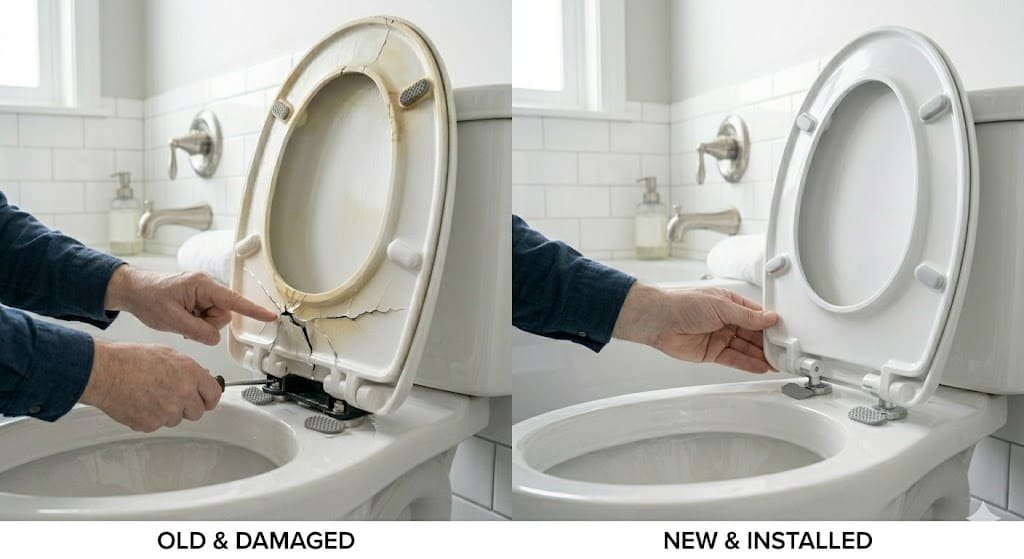 Replacing old damaged toilet seat with a new clean toilet seat