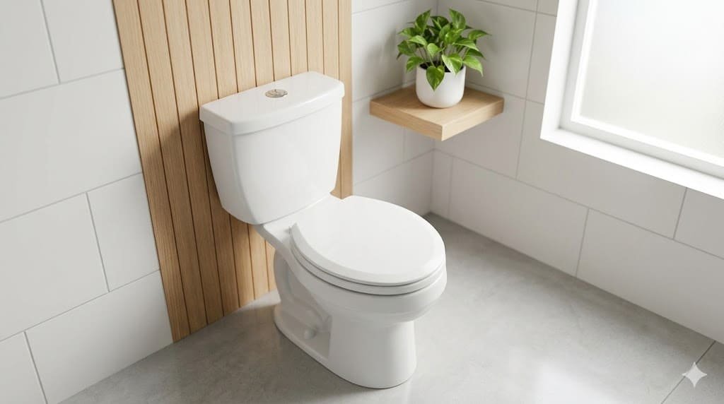 Round toilet seat installed on a compact bathroom toilet